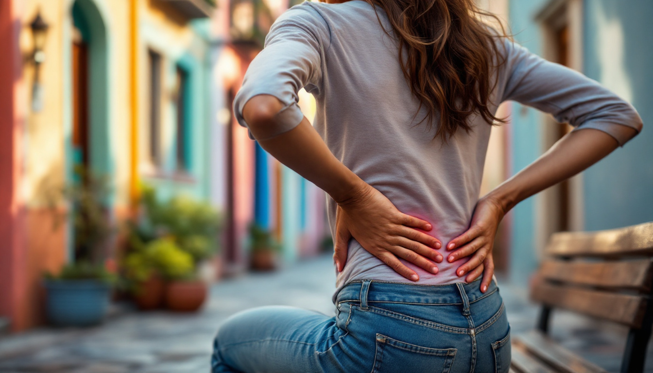 mujer con dolor de espalda sosteniendo la zona lumbar en un espacio urbano