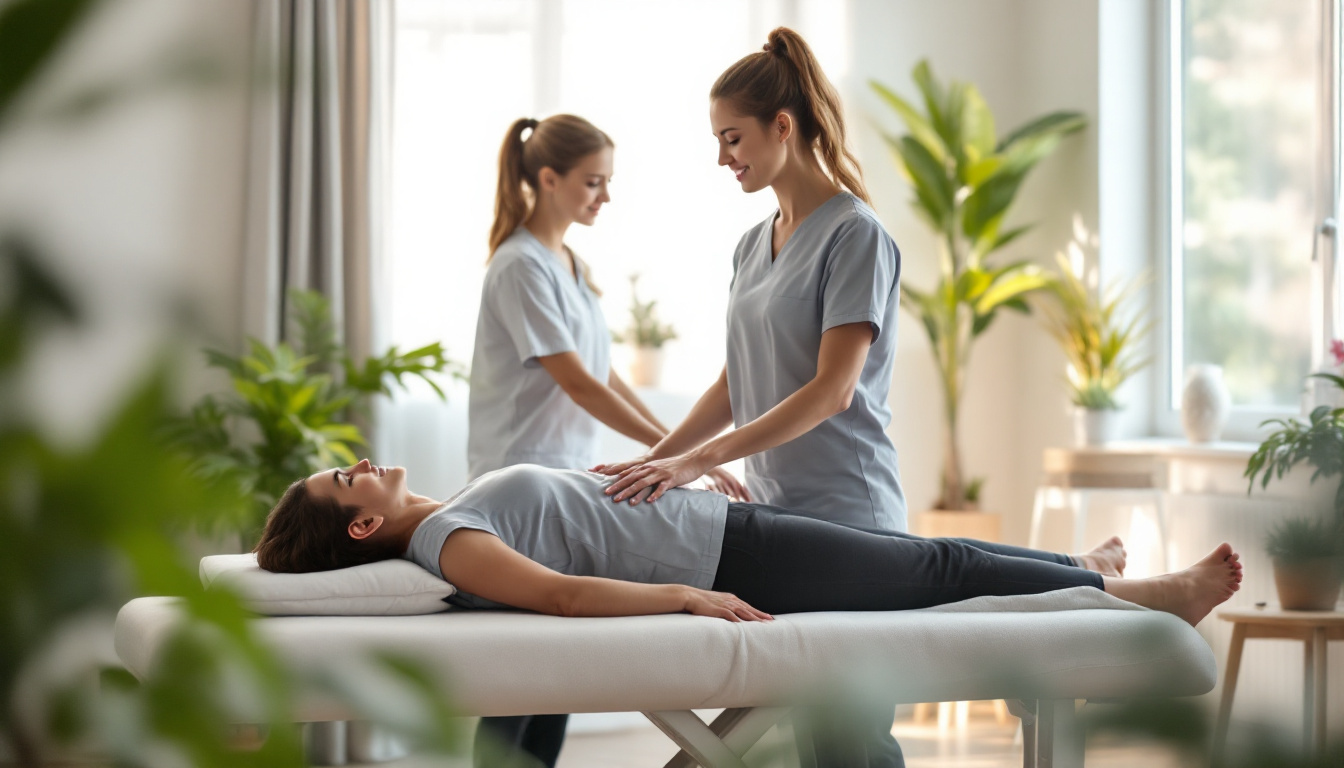 terapeuta aplicando tecnicas de relajacion a una paciente en un ambiente luminoso