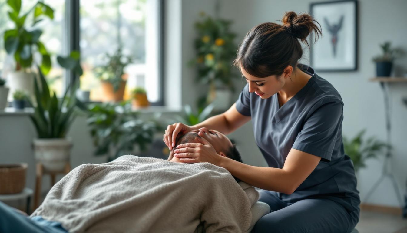 fisio dando un masaje en el cuello a un paciente